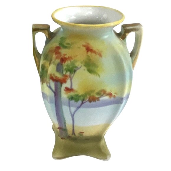 Antique Nippon 1910 Hand-Painted Vase With Scenic Landscape Dual Handles 6" Tall - Picture 1 of 13